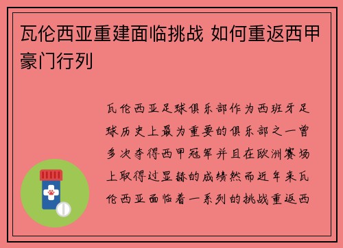 瓦伦西亚重建面临挑战 如何重返西甲豪门行列